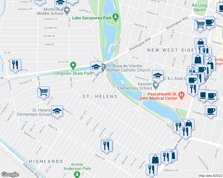 map of restaurants, bars, coffee shops, grocery stores, and more near 676 24th Avenue in Longview