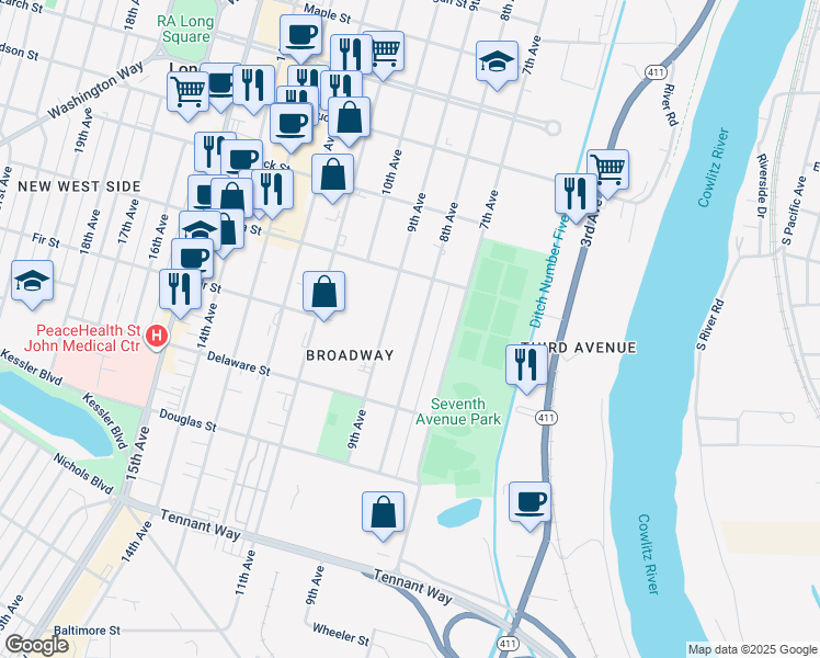 map of restaurants, bars, coffee shops, grocery stores, and more near 1010 8th Avenue in Longview