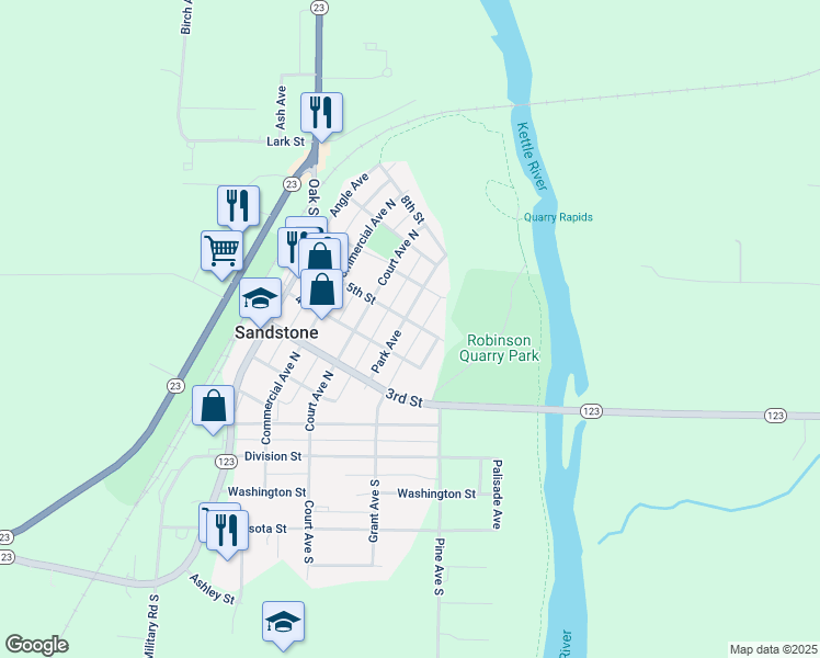 map of restaurants, bars, coffee shops, grocery stores, and more near 422 Park Avenue in Sandstone