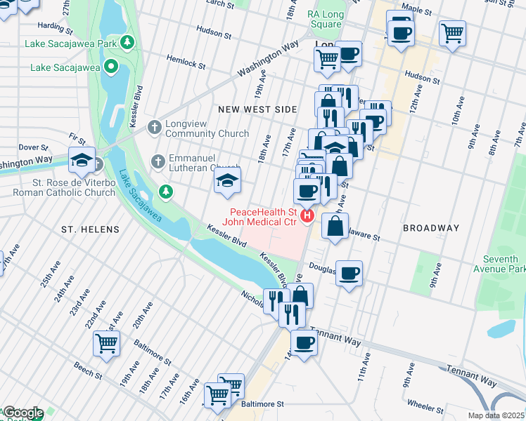 map of restaurants, bars, coffee shops, grocery stores, and more near 1705 Delaware Street in Longview