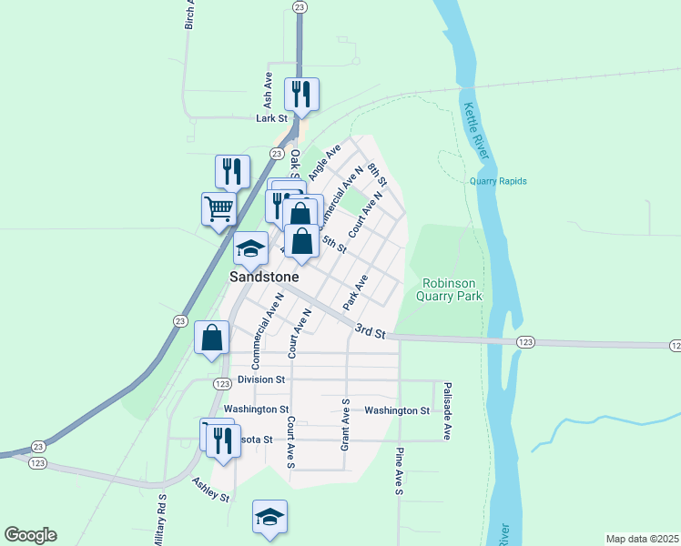 map of restaurants, bars, coffee shops, grocery stores, and more near 402 Court Avenue South in Sandstone