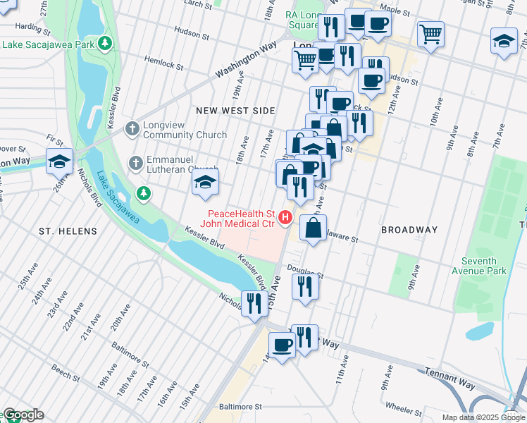 map of restaurants, bars, coffee shops, grocery stores, and more near 1606 Delaware Street in Longview