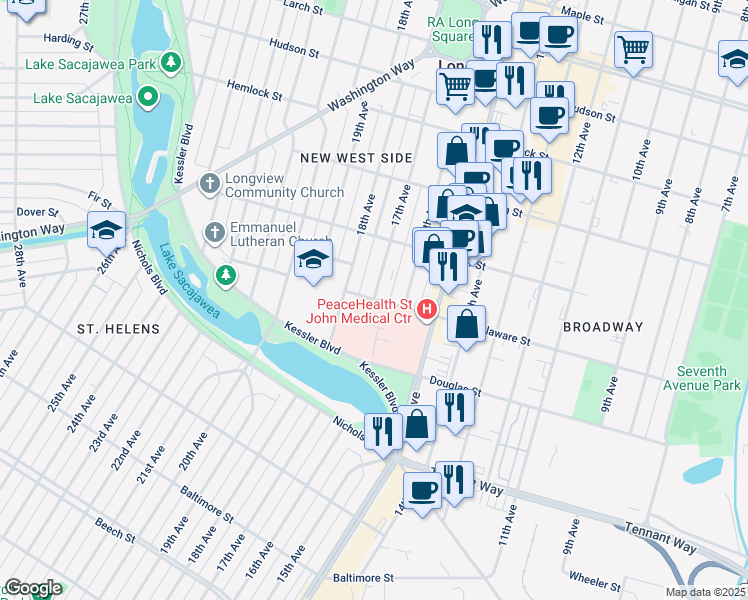 map of restaurants, bars, coffee shops, grocery stores, and more near 17th Avenue in Longview
