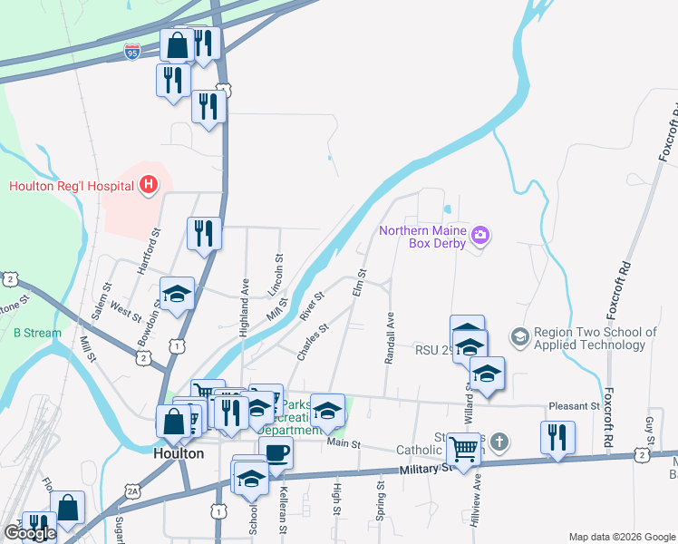 map of restaurants, bars, coffee shops, grocery stores, and more near 44 River Street in Houlton
