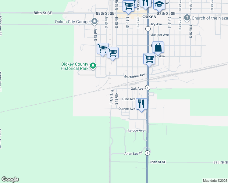 map of restaurants, bars, coffee shops, grocery stores, and more near 703 4th Street South in Oakes