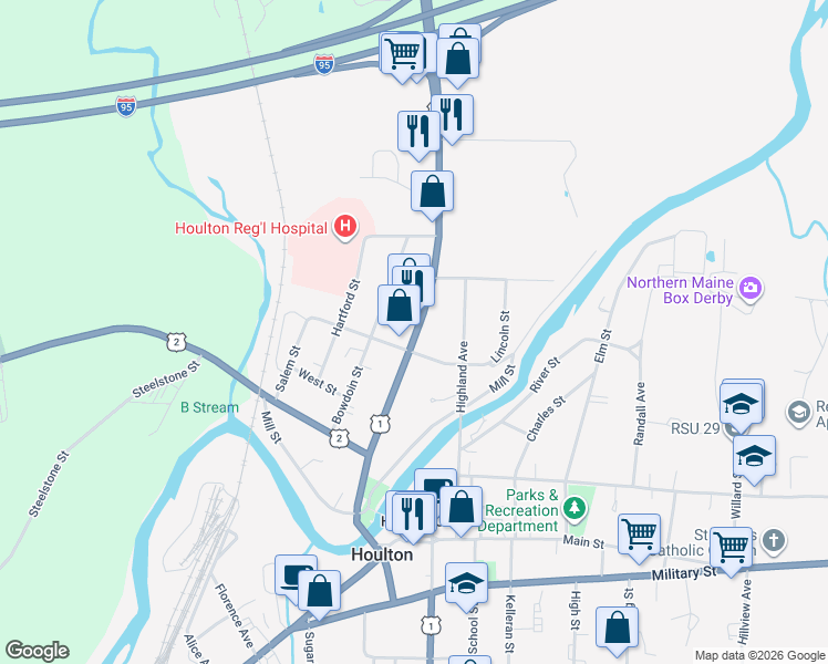 map of restaurants, bars, coffee shops, grocery stores, and more near 67 North Street in Houlton