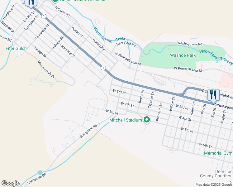 map of restaurants, bars, coffee shops, grocery stores, and more near 1403 West 3rd Street in Anaconda