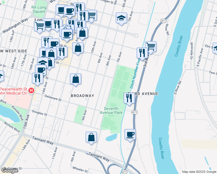 map of restaurants, bars, coffee shops, grocery stores, and more near 1011 7th Avenue in Longview
