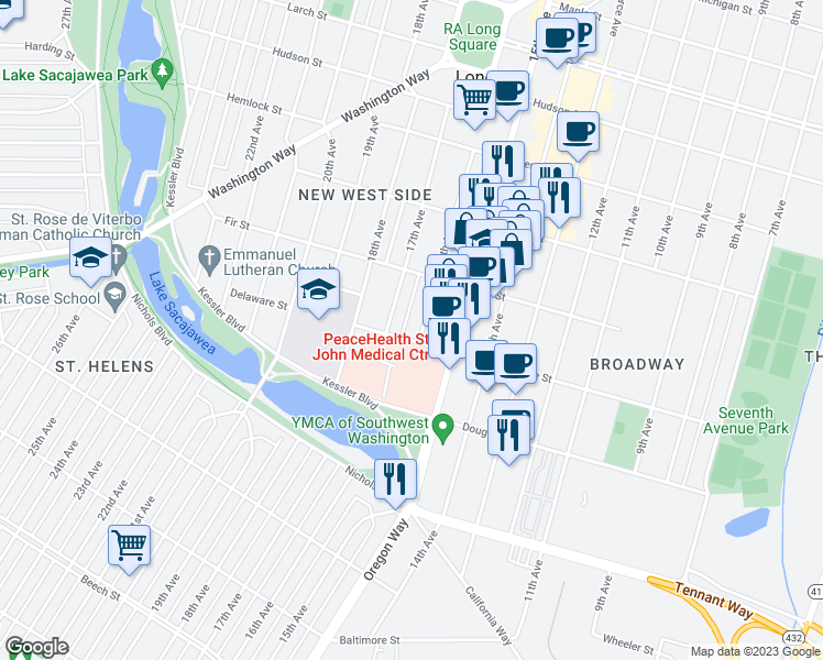 map of restaurants, bars, coffee shops, grocery stores, and more near 911 16th Avenue in Longview