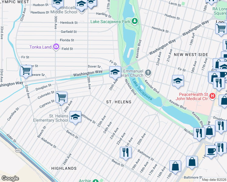 map of restaurants, bars, coffee shops, grocery stores, and more near 657 25th Avenue in Longview