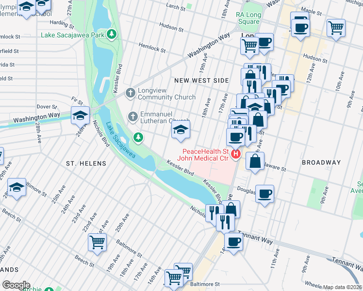 map of restaurants, bars, coffee shops, grocery stores, and more near 1902 East Kessler Boulevard in Longview