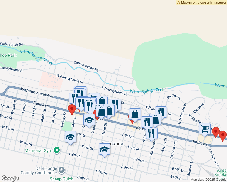 map of restaurants, bars, coffee shops, grocery stores, and more near 401 East Pennsylvania Street in Anaconda