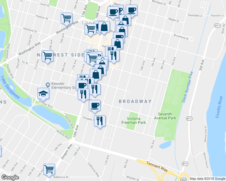 map of restaurants, bars, coffee shops, grocery stores, and more near 961 12th Avenue in Longview