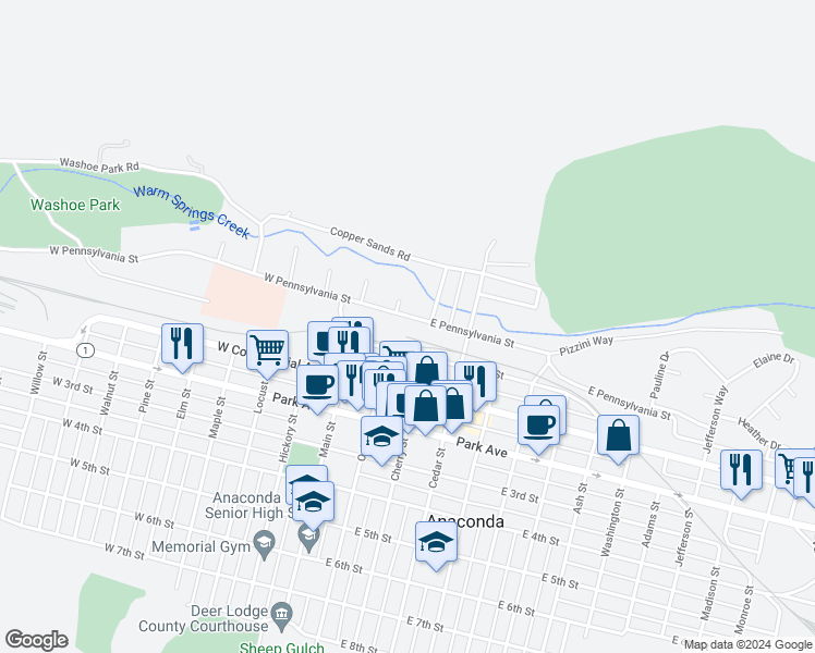 map of restaurants, bars, coffee shops, grocery stores, and more near 213 East Front Street in Anaconda
