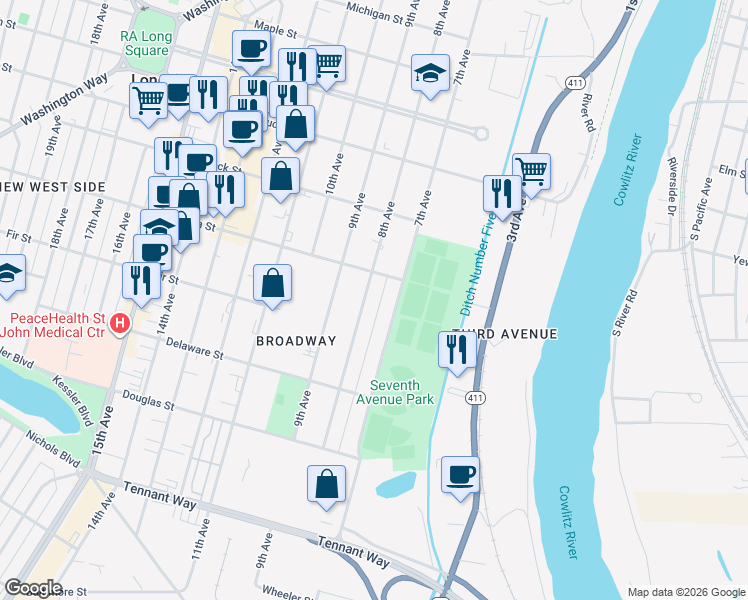 map of restaurants, bars, coffee shops, grocery stores, and more near 1010 8th Avenue in Longview