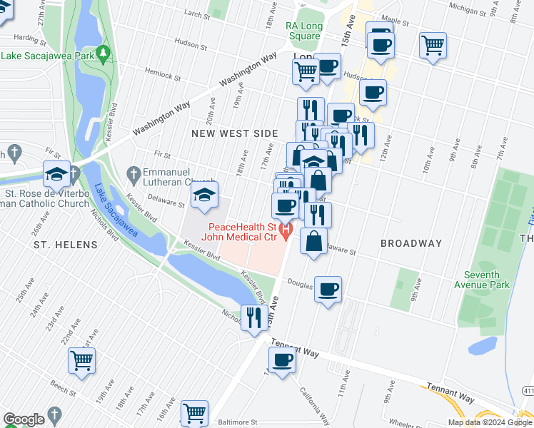 map of restaurants, bars, coffee shops, grocery stores, and more near 1606 Delaware Street in Longview