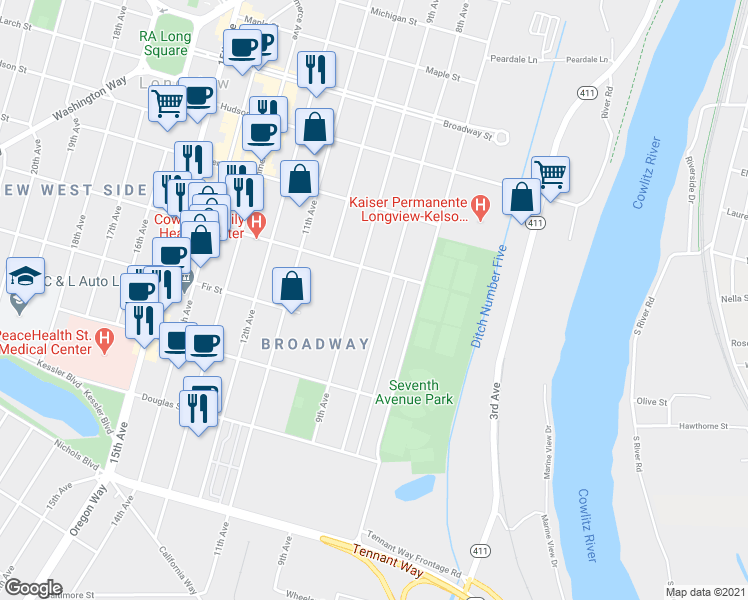 map of restaurants, bars, coffee shops, grocery stores, and more near 1010 8th Avenue in Longview