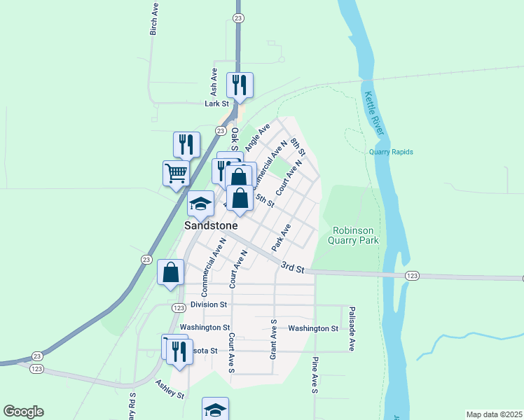 map of restaurants, bars, coffee shops, grocery stores, and more near 319 Court Avenue South in Sandstone