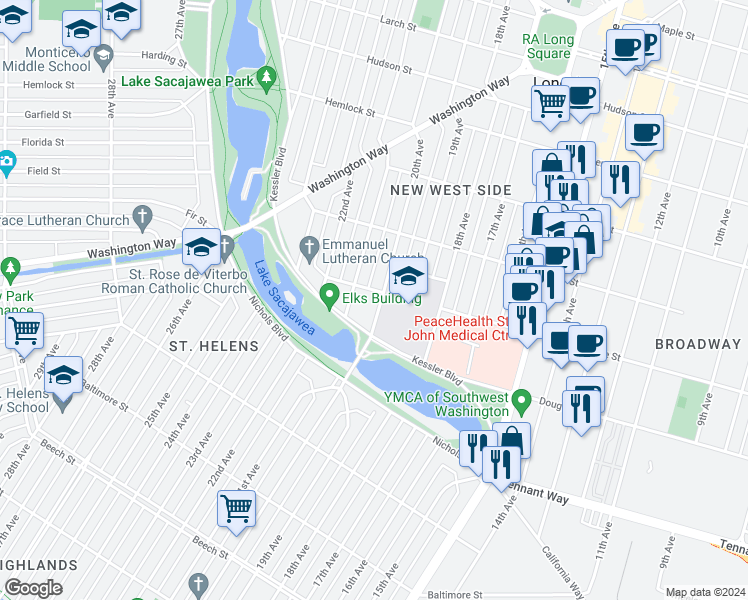 map of restaurants, bars, coffee shops, grocery stores, and more near 829 20th Avenue in Longview