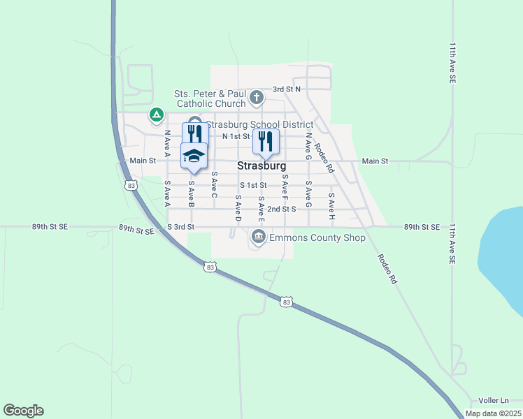 map of restaurants, bars, coffee shops, grocery stores, and more near 2nd Street South in Strasburg