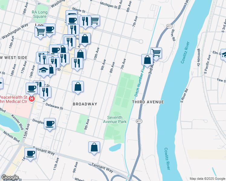 map of restaurants, bars, coffee shops, grocery stores, and more near 1053 7th Avenue in Longview