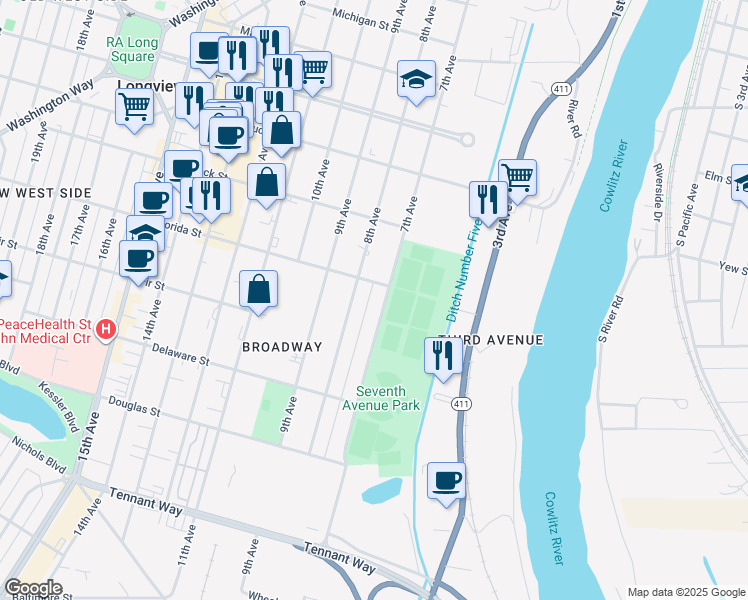 map of restaurants, bars, coffee shops, grocery stores, and more near 1111 7th Avenue in Longview