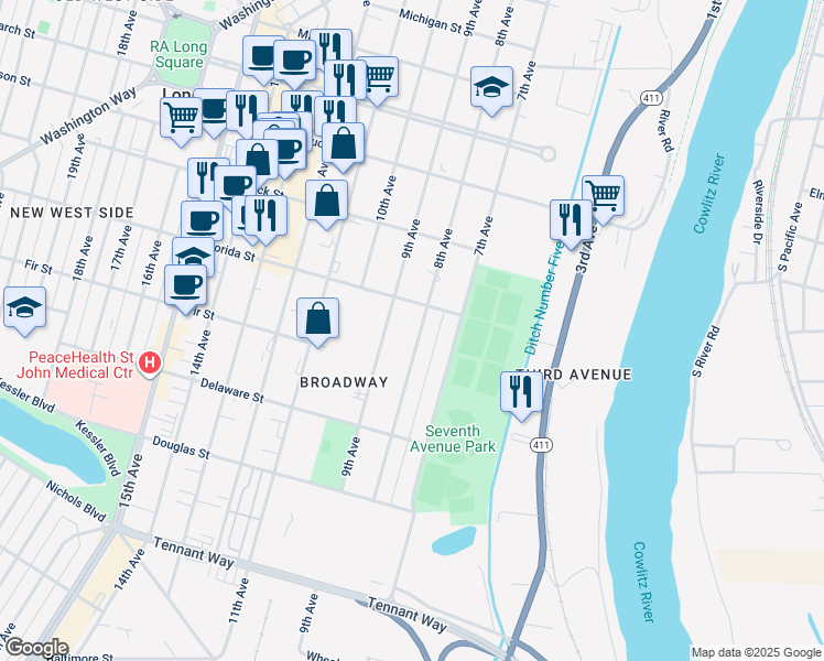 map of restaurants, bars, coffee shops, grocery stores, and more near 1071 8th Avenue in Longview