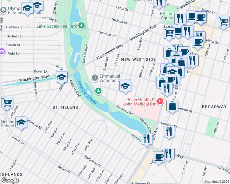 map of restaurants, bars, coffee shops, grocery stores, and more near 835 20th Avenue in Longview