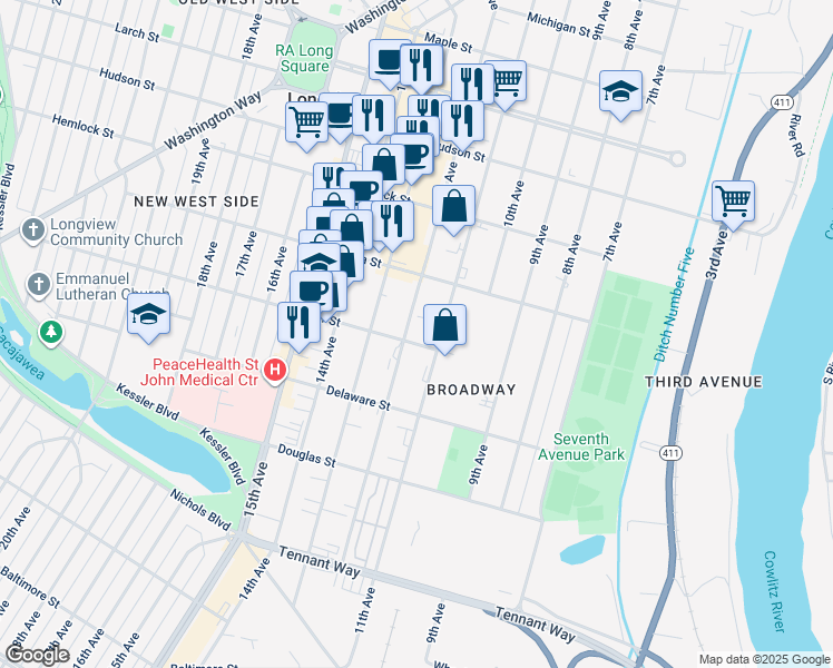map of restaurants, bars, coffee shops, grocery stores, and more near 1052 12th Avenue in Longview