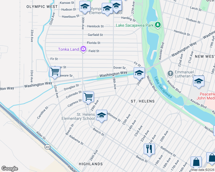 map of restaurants, bars, coffee shops, grocery stores, and more near 2830 Colorado Street in Longview