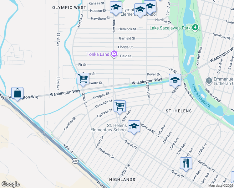 map of restaurants, bars, coffee shops, grocery stores, and more near 2951 Douglas Street in Longview