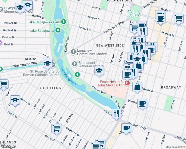map of restaurants, bars, coffee shops, grocery stores, and more near 901 20th Avenue in Longview