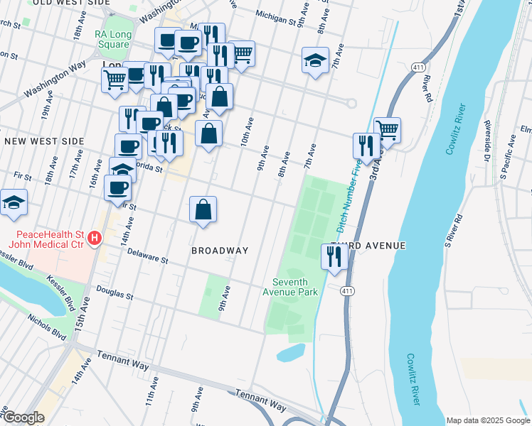 map of restaurants, bars, coffee shops, grocery stores, and more near 1053 8th Avenue in Longview