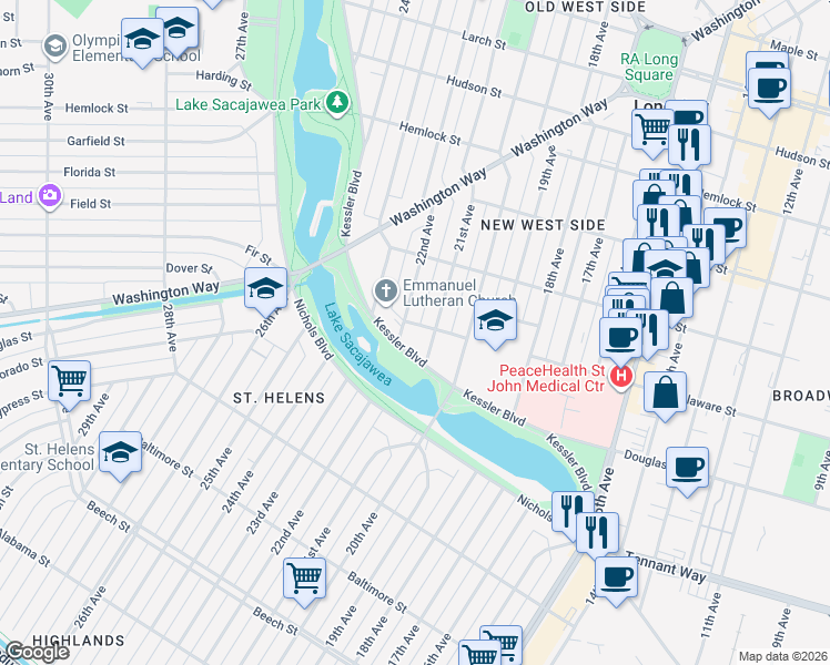 map of restaurants, bars, coffee shops, grocery stores, and more near 911 21st Avenue in Longview