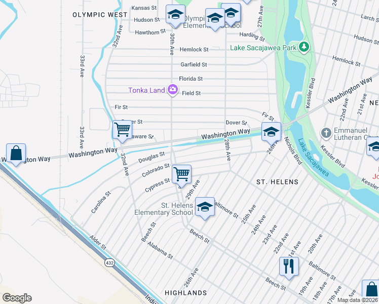 map of restaurants, bars, coffee shops, grocery stores, and more near 2920 Douglas Street in Longview