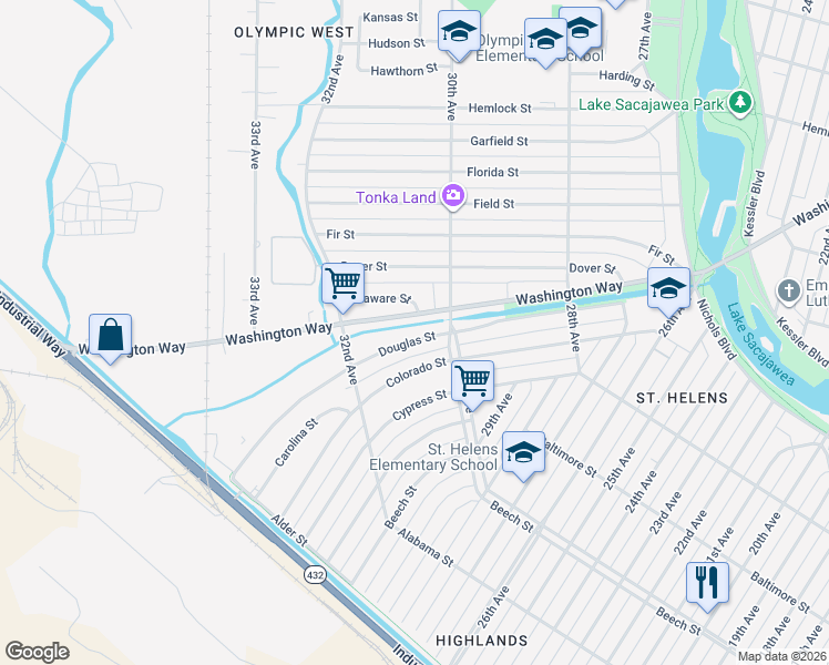 map of restaurants, bars, coffee shops, grocery stores, and more near 3038 Washington Way in Longview