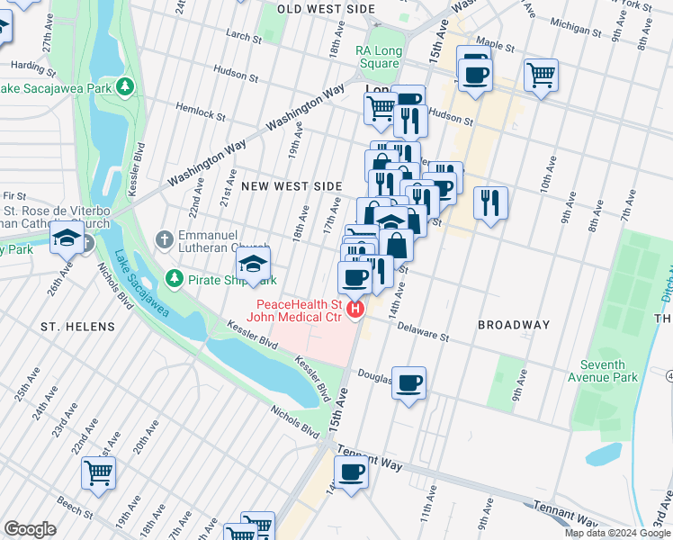 map of restaurants, bars, coffee shops, grocery stores, and more near 958 17th Avenue in Longview