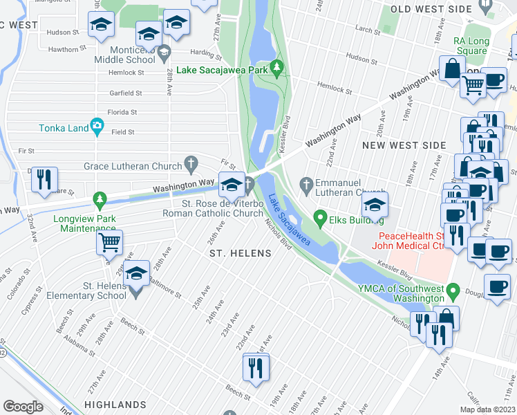 map of restaurants, bars, coffee shops, grocery stores, and more near 2501 Nichols Boulevard in Longview