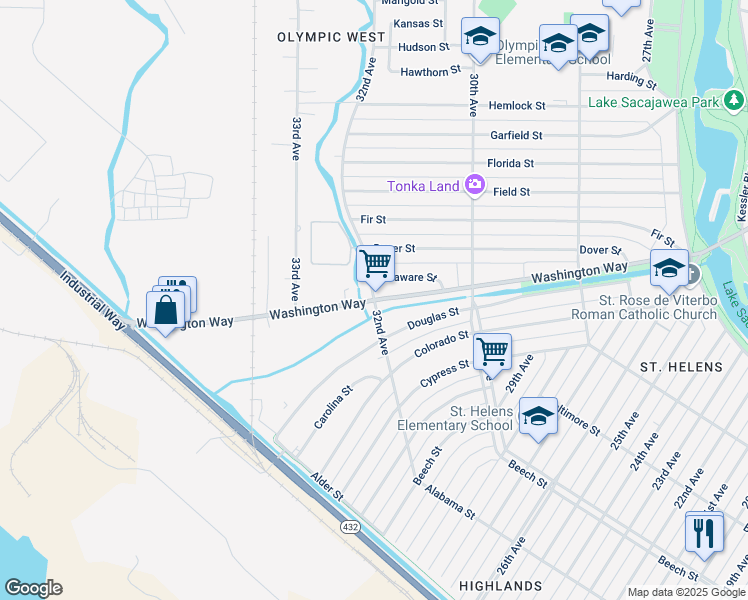 map of restaurants, bars, coffee shops, grocery stores, and more near Washington Way & 32nd Ave in Longview