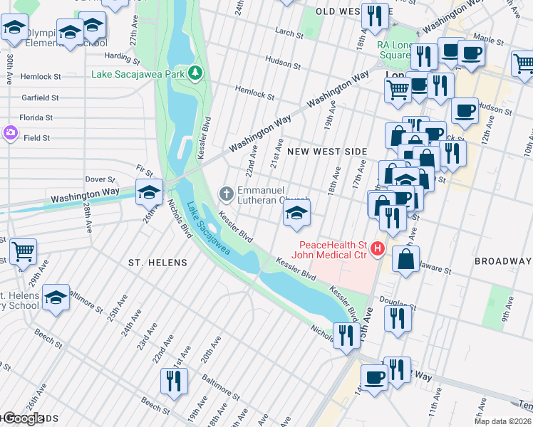 map of restaurants, bars, coffee shops, grocery stores, and more near 911 21st Avenue in Longview