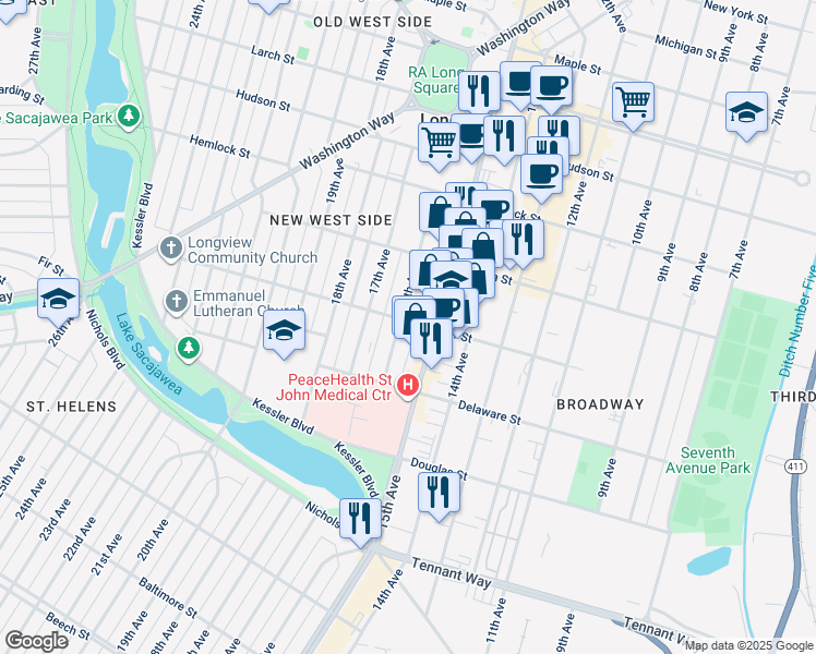 map of restaurants, bars, coffee shops, grocery stores, and more near 1551 Fir Street in Longview