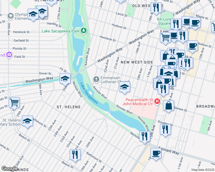 map of restaurants, bars, coffee shops, grocery stores, and more near 911 21st Ave in Longview