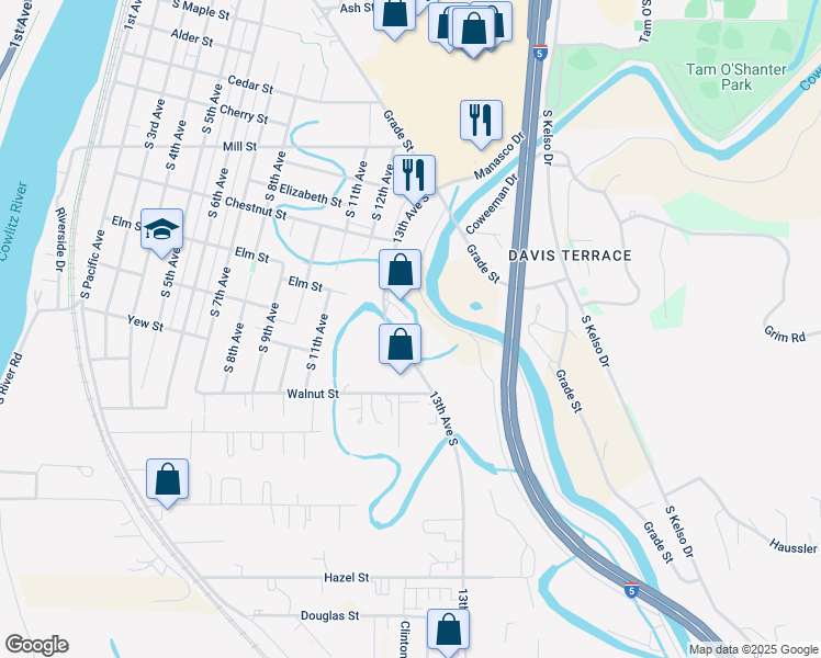 map of restaurants, bars, coffee shops, grocery stores, and more near 1310 Elm Street in Kelso