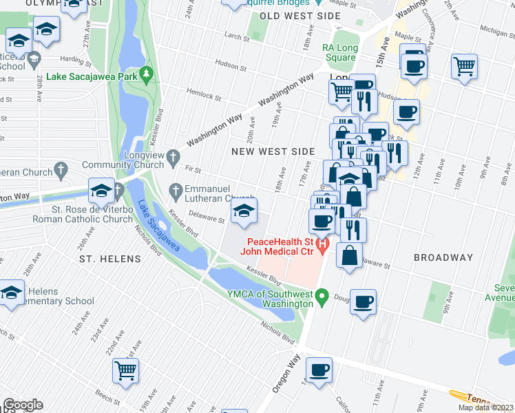 map of restaurants, bars, coffee shops, grocery stores, and more near 938 19th Avenue in Longview