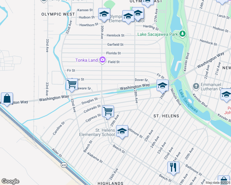 map of restaurants, bars, coffee shops, grocery stores, and more near 2920 Douglas Street in Longview