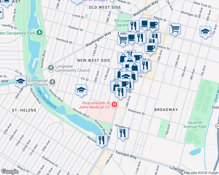 map of restaurants, bars, coffee shops, grocery stores, and more near 1605 Fir Street in Longview