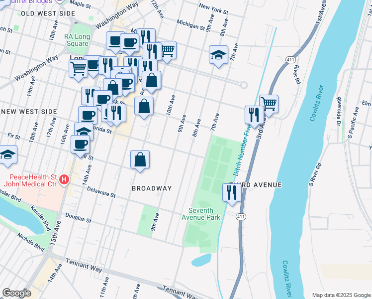 map of restaurants, bars, coffee shops, grocery stores, and more near 1071 8th Avenue in Longview