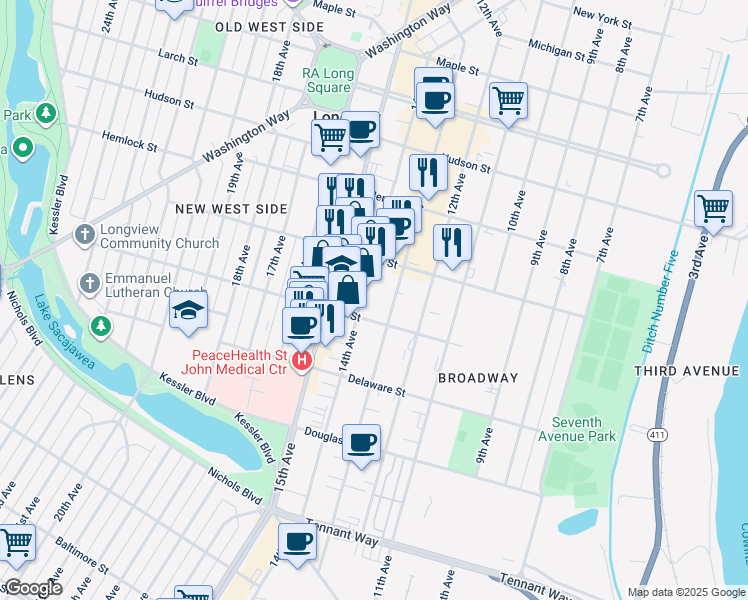 map of restaurants, bars, coffee shops, grocery stores, and more near 1018 14th Avenue in Longview