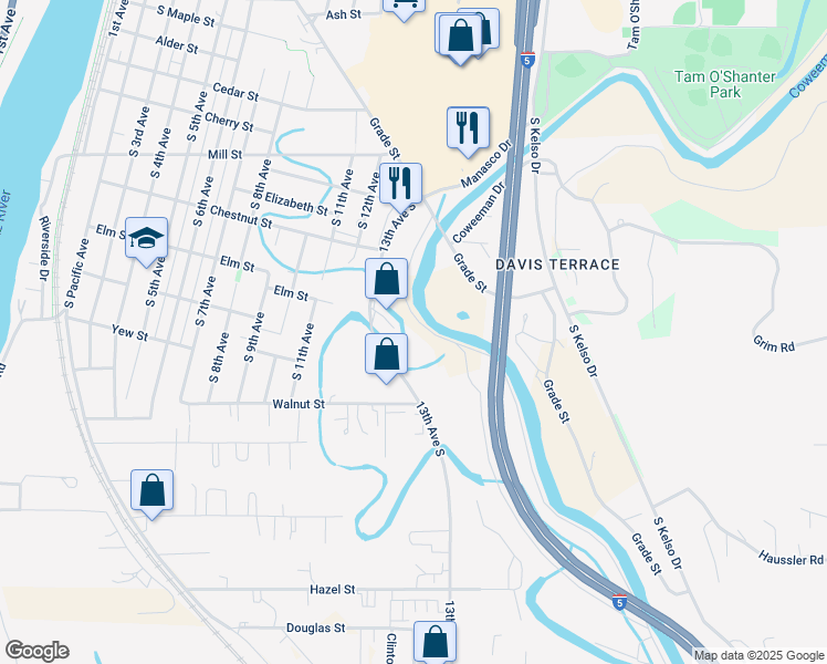 map of restaurants, bars, coffee shops, grocery stores, and more near 1310 Elm Street in Kelso