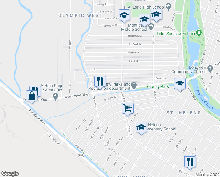 map of restaurants, bars, coffee shops, grocery stores, and more near 3038 Washington Way in Longview